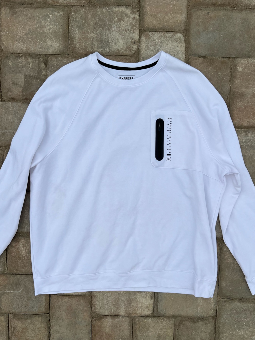 Express White Crewneck Sweatshirt with Black Zip Pocket